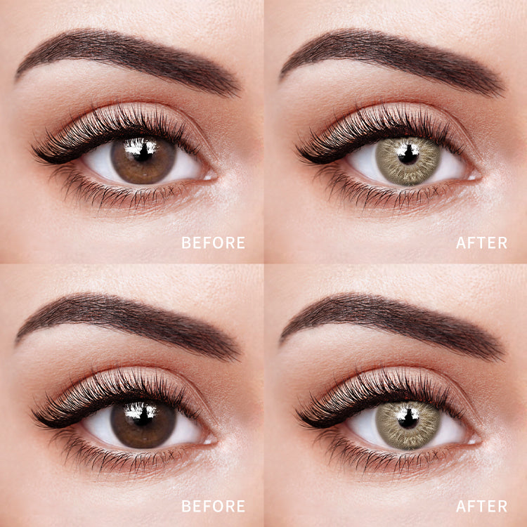 The before and after comparison of wearing Fiesta Brown Contact Lenses.